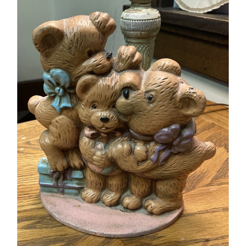 Vintage Cast Iron Door Stop 3 Teddy Bears Painted Figurine-Very Cute!
